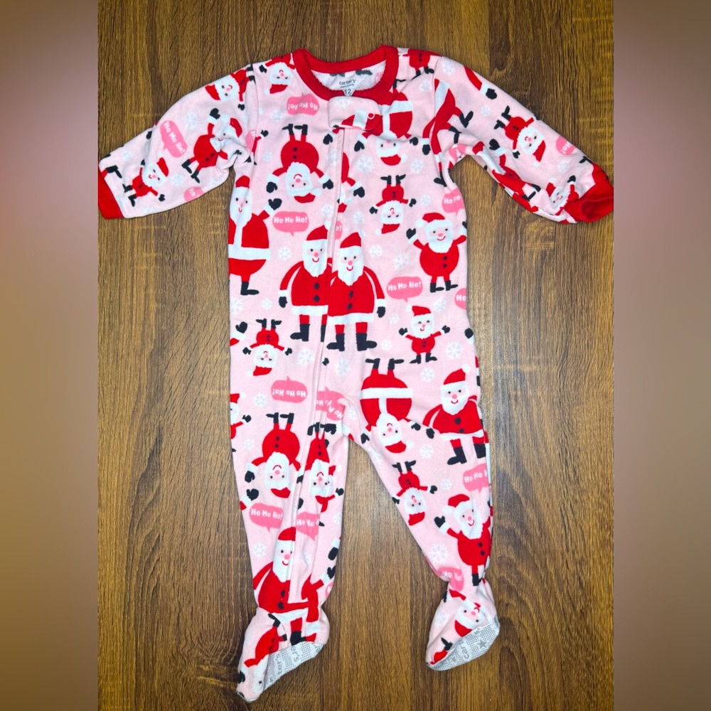 Carter’s Pink Red Santa Christmas Footed Fleece footie pajamas pjs 9-12 months